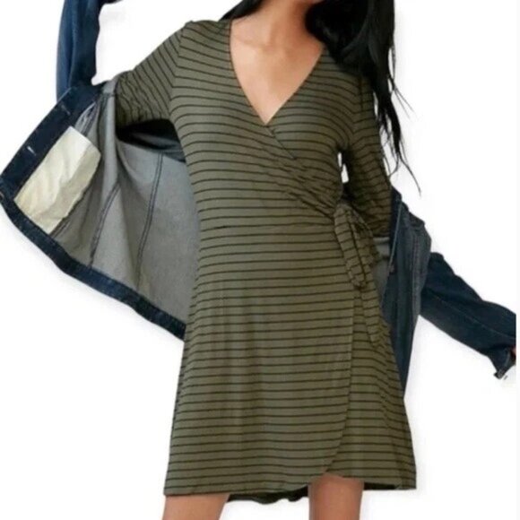 Express Dress Womens Size S Green Black V-Neck Long Sleeve Striped Wrap Style - Picture 8 of 8